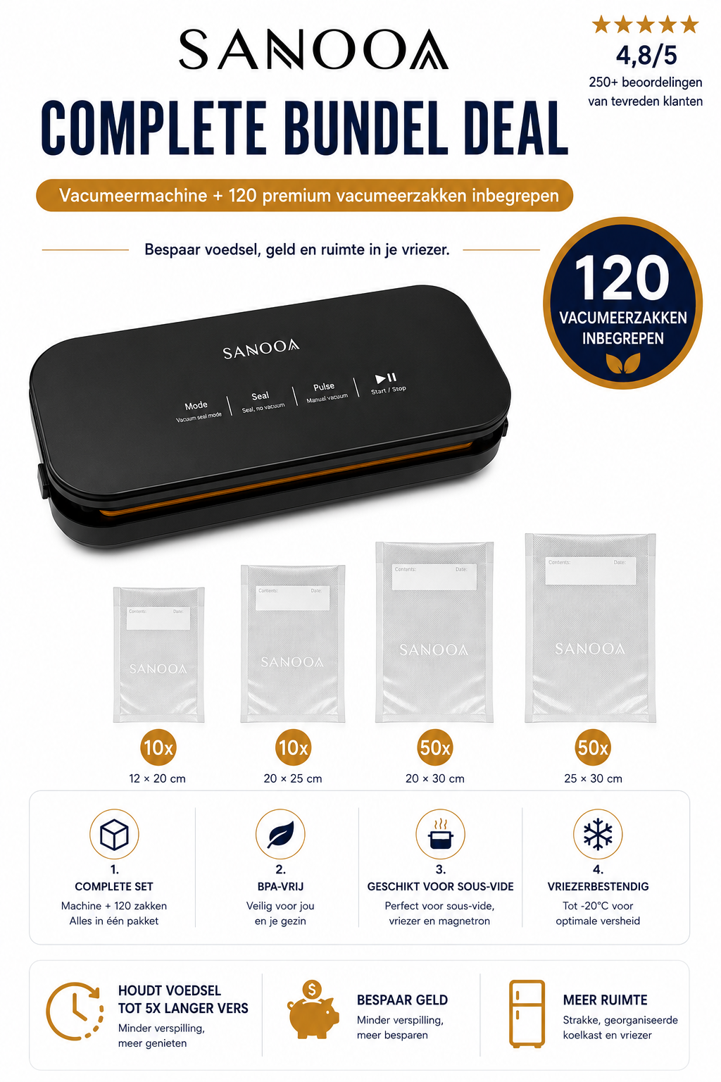 SANOOA Complete Bundeldeal – Vacuümsealer Zwart + 120 Premium Vacuümzakken